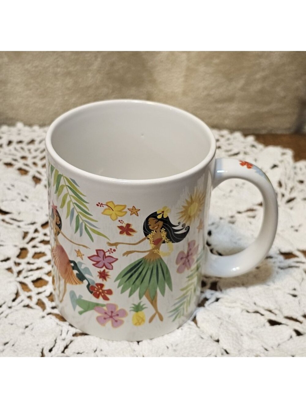 Island Hula Honeys Mug 12 oz White Coffee Cup Hawaiian Florals Hula Dancers Maui